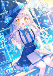  1girl :d animal blue_bow blue_flower blue_hair blue_hat blue_ribbon blue_rose blue_skirt blush book bow bug butterfly center_frills collared_shirt commentary_request dress_shirt dutch_angle feet_out_of_frame flower frilled_skirt frills gradient_hair grey_hair hair_ribbon hat hat_bow highres holding holding_wand ikari_(aor3507) insect knees_together_feet_apart long_hair looking_at_viewer multicolored_hair one_side_up open_book open_mouth orange_eyes original puffy_short_sleeves puffy_sleeves ribbon rose shirt short_sleeves sitting skirt smile solo suspender_skirt suspenders twitter_username very_long_hair wand white_shirt window witch_hat 