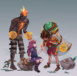  1girl 2boys absurdres animal annie_(league_of_legends) brand_(league_of_legends) burnt fire from_side gradient_background grey_background highres kneehighs league_of_legends looking_at_another medium_hair milio_(league_of_legends) miniskirt multiple_boys neri_(neri23152939) pink_skirt profile puffy_short_sleeves puffy_sleeves red_hair rock shoes short_sleeves sitting skirt smile snail socks standing striped_clothes striped_socks tibbers 
