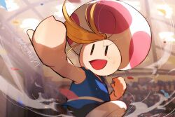  1boy :d artist_name black_eyes blonde_hair blue_shirt blurry blurry_background clenched_hand fighting_stance floating_hair furrowed_brow hanaon hand_up highres indoors light_particles looking_at_viewer male_focus mario_(series) nintendo open_mouth outstretched_arm paper_mario paper_mario:_the_thousand_year_door prince_mush sash shirt shoes signature sleeveless sleeveless_shirt smile smoke solid_oval_eyes solo sweat white_footwear white_sash 
