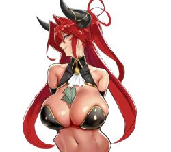 1girl arms_behind_back between_breasts breasts cleavage collarbone eu03 hair_intakes halterneck horns huge_breasts money navel red_hair revealing_clothes skindentation solo tsunoko veins veiny_breasts white_background rating:Questionable score:48 user:jojosstand