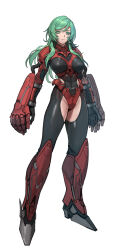  1girl absurdres armor armored_boots arms_at_sides black_bodysuit blush bodysuit boots breasts closed_mouth clothing_cutout commentary covered_navel exoskeleton full_body green_eyes green_hair highres korean_commentary ksb_(qwop03) large_breasts long_hair looking_at_viewer original red_armor simple_background solo thigh_cutout white_background 