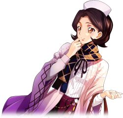  1girl artist_request bag black_ribbon breasts brown_hair buttons closed_mouth coat code_geass code_geass:_lost_stories dutch_angle female_focus game_cg hair_intakes hands_up happy holding holding_bag layered_sleeves long_sleeves looking_to_the_side maid_headdress neck_ribbon non-web_source official_art open_clothes open_coat orange_eyes pink_coat pleated_skirt purple_skirt ribbon scarf shinozaki_sayoko shirt shirt_tucked_in short_hair simple_background skirt small_breasts smile solo split_mouth standing tassel transparent_background two-tone_scarf upper_body white_shirt wide_sleeves 