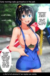  1boy 1girl akane_yutaka areola_slip black_hair blue_eyes breasts covered_erect_nipples english_text guchiota_field hard-translated large_breasts nipples no_bra outdoors overalls ponytail third-party_edit translated  rating:Questionable score:85 user:jthec