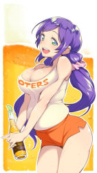 10s 1girl :d arched_back bare_shoulders breasts cleavage green_eyes hooters large_breasts long_hair love_live! love_live!_school_idol_project low_twintails no_legwear nonco open_mouth plump purple_hair shiny_skin short_shorts shorts smile solo sweat tojo_nozomi twintails very_long_hair rating:Sensitive score:39 user:danbooru