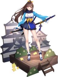  1girl :d aki_(eversoul) bare_legs blue_jacket blue_scarf blunt_bangs bow breasts brown_hair eversoul full_body game_cg hair_ornament hairclip highres hime_cut holding holding_sword holding_weapon jacket japanese_clothes katana long_hair long_sleeves looking_at_viewer medium_breasts non-web_source obi official_alternate_costume official_alternate_hairstyle official_art open_mouth ponytail red_eyes sash scabbard scarf sheath shirt skirt slippers smile socks solo stage standing star_(symbol) sword sword_behind_back tachi-e tassel transparent_background weapon white_shirt white_socks yellow_bow 
