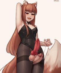  1girl animal_ear_fluff animal_ears animal_penis arm_behind_head armpits artist_name black_bow black_bowtie black_leotard black_pantyhose blush bow bowtie breasts brown_hair commentary cowboy_shot detached_collar disembodied_penis dog_penis english_commentary erection futanari highres holo knotted_penis leotard long_hair looking_down open_mouth pantyhose penis penis_and_testicles_touching precum red_eyes seraziel simple_background small_breasts smile solo_focus spice_and_wolf standing strapless strapless_leotard tail teeth testicles thigh_sex thighband_pantyhose white_background wolf_ears wolf_girl wolf_tail 
