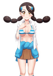  1girl bikini bikini_top_only black_hair blue_sweater blush breasts brown_skirt candice_(pokemon) closed_mouth clothes_around_waist collarbone collared_shirt commentary_request creatures_(company) els_(ljhlee12) eyelashes game_freak hand_up highres kneehighs knees korean_commentary long_hair medium_breasts multi-tied_hair navel nintendo open_clothes open_shirt pleated_skirt pokemon pokemon_dppt shiny_skin shirt simple_background skirt smile socks solo sweater sweater_around_waist swimsuit twintails white_background white_shirt 