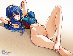  1girl alternate_costume armband armpits arms_behind_back artist_name barefoot blue_eyes blue_hair blue_shirt bottomless breasts closed_mouth dated english_text fire_emblem large_breasts long_hair looking_at_viewer lucina_(fire_emblem) lying medium_breasts mina_cream nintendo on_back on_ground pussy sand sandals shirt sleeveless sleeveless_shirt solo swimsuit tagme third-party_edit 
