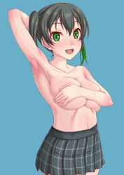  1girl arm_across_chest arm_behind_head arm_up armpits blue_background breasts cleavage collarbone covering_privates covering_breasts fingernails gradient_hair green_eyes green_hair grey_hair large_breasts looking_at_viewer love_live! love_live!_nijigasaki_high_school_idol_club multicolored_hair open_mouth short_twintails simple_background skirt smile solo squishing stomach sweat takasaki_yu tenrai_(temple) topless twintails wet  rating:Questionable score:31 user:danbooru