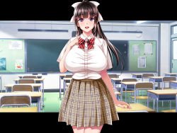 1girl black_hair blush bow bowtie breasts buttons chair chalkboard classroom cowboy_shot day desk door floor hair_ribbon hand_on_own_chest highres indoors large_breasts legs legs_together long_hair looking_at_viewer mole mole_under_eye monpuchi natsuyasumi_ake_no_kanojo_wa..._charao_gonomi_no_kuro_gal_bitch_ni:_zenpen open_mouth original plaid plaid_skirt ponytail purple_eyes ribbon school school_uniform shirt skirt smile solo standing sunlight thighs white_shirt rating:Sensitive score:22 user:Ynyswydryn