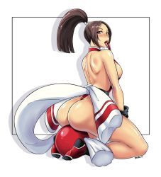 1girl ass back bare_arms bare_back blush breasts brown_eyes brown_hair butt_crack curvy devil-v fatal_fury female_focus highres hip_focus huge_ass kneeling long_hair looking_at_viewer looking_back open_mouth ponytail shiranui_mai sideboob snk solo teeth the_king_of_fighters the_king_of_fighters_xiii thick_thighs thighs tongue wide_hips rating:Sensitive score:46 user:gougetsu00
