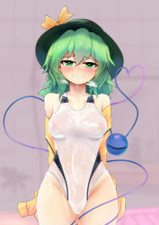 arms_behind_back bare_shoulders blush bow breasts breath collarbone covered_erect_nipples covered_navel cowboy_shot dripping eyeball furrowed_brow gluteal_fold green_eyes green_hair grin hair_between_eyes half-closed_eyes hat hat_bow heart heart_of_string highleg highleg_swimsuit highres komeiji_koishi long_sleeves looking_at_viewer medium_breasts medium_hair nama_shirasu nipples off_shoulder one-piece_swimsuit see-through smile solo stomach string swimsuit third_eye touhou water wet wet_clothes wet_face wet_swimsuit rating:Questionable score:26 user:danbooru