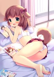 1girl animal_costume animal_ears ass back bad_id bad_pixiv_id bare_legs barefoot bed blue_hair blush bow bra bra_lift breasts brown_hair buruma commentary_request dog_costume dog_ears dog_tail female_pervert green_eyes gym_uniform hair_bow irori loli looking_at_viewer lying miniskirt nipples no_shirt on_bed on_side open_mouth original panties pervert pillow pink_bra pleated_skirt pornography shirt skirt solo sports_bra tail training_bra underwear walk-in wavy_mouth white_bra white_panties rating:Questionable score:187 user:danbooru