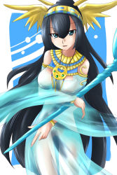 1girl bare_shoulders black_hair blue_eyes bracelet breasts covered_erect_nipples dress egyptian egyptian_clothes hairband head_wings headband highres ichigoya_(mazikayu) isis_(p&amp;d) jewelry long_hair long_sleeves lots_of_jewelry mazikayu medium_breasts necklace no_bra no_panties open_mouth puzzle_&amp;_dragons see-through smile snake solo very_long_hair white_dress wings rating:Sensitive score:13 user:danbooru