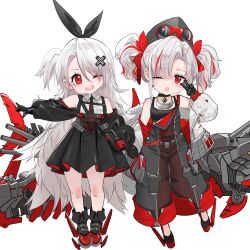  2girls absurdres aged_down azur_lane black_sleeves child coat cross_hair_ornament detached_sleeves dishwasher1910 fur-trimmed_jacket fur_trim goggles goggles_on_head hair_ornament hair_ribbon highres jacket long_hair long_sleeves looking_at_viewer mole mole_under_eye multicolored_hair multiple_girls open_mouth pleated_skirt prinz_adalbert_(azur_lane) prinz_heinrich_(azur_lane) red_eyes ribbed_shirt ribbon shirt skirt smile streaked_hair v_over_eye very_long_hair white_hair 