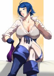 1girl ahoge anagumasan blue_eyes blue_gloves blue_hair boots breasts cleavage crossed_legs elisabeth_blanctorche gloves highres huge_breasts large_breasts shirt short_hair simple_background sitting snk solo sweat the_king_of_fighters unbuttoned unbuttoned_shirt undressing unworn_gloves wet wet_clothes wet_shirt rating:Sensitive score:66 user:deltam9
