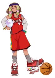  1girl absurdres alternate_costume artist_name ball bandaid bandaid_on_arm bandaid_on_leg basketball_(object) basketball_uniform blonde_hair blue_headband brown_eyes brown_hair carrying carrying_under_arm closed_mouth commentary detached_sleeves english_commentary full_body grey_socks hand_in_pocket headband highres holding holding_ball looking_at_viewer magatama medium_hair mercuriika multicolored_hair rainbow_gradient raised_eyebrow red_footwear red_shirt red_shorts shirt shoes shorts sidelocks sleeveless sleeveless_shirt sneakers socks solo sportswear standing tamatsukuri_misumaru thick_eyebrows touhou two-tone_hair white_background white_sleeves yin_yang yin_yang_print 