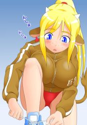  animal_ears blonde_hair blue_eyes blush breasts cow_ears cow_girl cow_horns gigi_(hurimaro) horns hurimaro_metayaki large_breasts shoes tying_shoes  rating:Questionable score:0 user:RaphLand