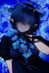  1girl antenna_hair blue_background blue_eyes blue_hair blue_theme breasts dress earrings flower_ornament gloves half-closed_eyes halo hand_in_own_hair high_collar highres hololive hololive_english jewelry liquid_halo looking_at_viewer meconopsis_(ninomae_ina&#039;nis) ninomae_ina&#039;nis pointy_ears poursuu puffy_short_sleeves puffy_sleeves short_hair short_sleeves single_earring small_breasts solo upper_body virtual_youtuber 