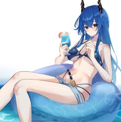  1girl arknights bare_arms bare_legs bare_shoulders bikini black_bikini blue_hair breasts ch&#039;en_(arknights) ch&#039;en_the_holungday_(arknights) commentary_request cup dragon_horns drinking_glass feet_out_of_frame grey_shorts hair_between_eyes highleg highres holding holding_cup horns large_breasts lily0428 long_hair looking_at_viewer medium_breasts micro_shorts navel official_alternate_costume open_fly orange_eyes shorts simple_background sitting solo stomach swimsuit thighs very_long_hair water white_background 