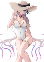  1girl absurdres blue_eyes bow breasts cleavage collarbone covered_navel grey_hair hair_between_eyes hair_over_shoulder hat hat_bow head_wings highres horizontal_pupils iida_pochi._(vtuber) indie_virtual_youtuber jewelry kuon_bb large_breasts long_hair mole mole_under_mouth necklace one-piece_swimsuit one_eye_covered pink_nails pochimaru_(vtuber) smile solo sun_hat swimsuit tentacle_hair thigh_strap virtual_youtuber white_one-piece_swimsuit wings 