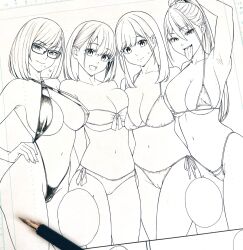  4girls :d armpits bandeau bikini bob_cut breasts cameltoe cleavage closed_mouth earrings female_focus fingernails front-tie_bikini_top front-tie_top glasses hands_on_own_hips harem highleg highleg_bikini highres jewelry large_breasts looking_at_viewer medium_hair mole mole_under_eye mole_under_mouth multiple_girls navel open_mouth original ponytail side-tie_bikini_bottom slingshot_swimsuit smile smug strapless strapless_bikini swimsuit tongue tongue_out underboob zonda_(solid_air) 