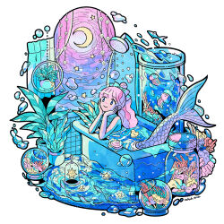  1girl animal bathing bathroom bathtub blue_eyes bow bubble commentary_request coral crescent_moon fish hair_bow head_on_hand highres jellyfish kohaku_ame long_hair mermaid monster_girl moon original partially_submerged pink_hair plant potted_plant rubber_duck shower_head smile solo star_(symbol) surreal twitter_username water water_drop watermark 