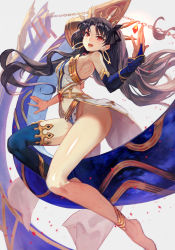 1girl :d anklet arched_back armlet asymmetrical_legwear bare_arms bare_legs bare_shoulders barefoot black_hair black_ribbon blue_gloves blue_legwear blush breasts bridal_gauntlets chain clothing_cutout crown earrings elbow_gloves fate/grand_order fate_(series) floating_hair gem gloves hair_ribbon highres hoop_earrings ishtar_(fate) jewelry lack legs long_hair looking_at_viewer medium_breasts naughty_face navel navel_cutout neck_ring open_mouth red_eyes revealing_clothes ribbon round_teeth sideboob single_elbow_glove single_glove single_thighhigh smile solo strapless teeth thighhighs thighlet tohsaka_rin two_side_up type-moon uneven_legwear very_long_hair rating:Questionable score:15 user:mioxnorman