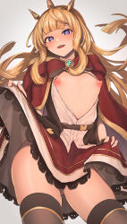  10shock 1girl black_footwear black_thighhighs blonde_hair breasts breasts_out cagliostro_(granblue_fantasy) clothes_lift flat_chest granblue_fantasy hairband highres lifted_by_self long_hair looking_at_viewer midriff nipples open_clothes open_mouth purple_eyes red_skirt skindentation skirt skirt_hold skirt_lift small_breasts smile spiked_hairband spikes thighhighs thighs tiara  rating:Questionable score:87 user:danbooru
