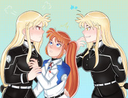  3girls anger_vein artist_request blonde_hair blue_background blue_eyes brown_hair clones couple fate_testarossa frown grin holding_hands highres jealous lyrical_nanoha mahou_shoujo_lyrical_nanoha mahou_shoujo_lyrical_nanoha_strikers mahou_shoujo_lyrical_nanoha_vivid military military_uniform multiple_girls open_mouth ponytail red_eyes side_ponytail simple_background smile split_personality takamachi_nanoha teeth uniform yellow_eyes yuri  rating:Sensitive score:3 user:Napalm_Death