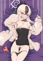  1girl bar_censor bare_shoulders black_choker black_dress black_hair black_horns black_panties blue_archive blush breasts censored choker commentary condom_box covering_face demon_horns dress english_commentary gluteal_fold grey_halo grey_jacket hair_between_eyes halo highres horns jacket kayoko_(blue_archive) kayoko_(dress)_(blue_archive) long_hair long_sleeves lying multicolored_hair navel nipples official_alternate_costume open_clothes panties panty_pull pink_eyes rikume side-tie_panties sleeves_past_wrists small_breasts solo string_panties two-tone_hair underwear untied_panties unworn_panties white_hair 