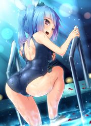  10s 1girl ass ayagi_daifuku barefoot blue_hair blush breast_hold breasts from_behind hair_ribbon i-19_(kancolle) kantai_collection large_breasts light_particles light_rays long_hair looking_back one-piece_swimsuit open_mouth petals pool pool_ladder red_eyes ribbon school_swimsuit short_hair smile solo standing star-shaped_pupils star_(symbol) swimsuit symbol-shaped_pupils twintails water wet  rating:Questionable score:69 user:danbooru
