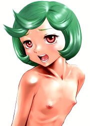  ai-assisted breasts flat_chest green_hair highres loli nipples nude open_mouth red_eyes resized schierke_(berserk) simple_background small_breasts source_request topless upper_body upscaled white_background  rating:Explicit score:21 user:taken