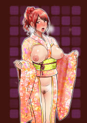  1girl blush breast_cutout breasts breasts_apart breasts_out drooling female_pubic_hair highres japanese_clothes kimono large_breasts lips looking_at_viewer medeo_i nipples no_panties open_mouth original ponytail pubic_hair pussy red_hair solo tongue tongue_out uncensored wavy_hair yukata 