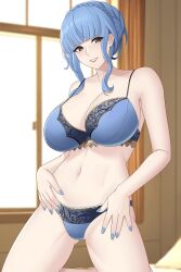1girl artist_request bare_shoulders bed blue_bra blue_hair blue_nails blue_panties bra breasts brown_eyes cleavage collarbone female_focus fire_emblem fire_emblem:_three_houses highres indoors large_breasts looking_at_viewer marianne_von_edmund navel nintendo panties parted_lips pillow sidelocks smile solo source_request teeth thighs underwear window
