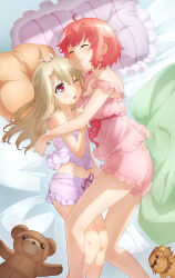  2girls ahoge bed_sheet blanket blonde_hair blush breasts commentary_request cuddling fate/kaleid_liner_prisma_illya fate_(series) green_blanket head_on_pillow headpat hug illyasviel_von_einzbern large_breasts legs long_hair lying midriff multiple_girls navel nyantype official_art on_side one_eye_closed open_mouth pajamas pillow pink_hair pink_pajamas pink_shirt pink_shorts purple_pajamas purple_tank_top red_eyes shirt short_hair short_shorts shorts sleeping smile stomach stuffed_animal stuffed_lion stuffed_toy tanaka_(fate) tank_top teddy_bear thighs white_tank_top yuri 