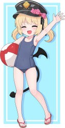  1girl ^_^ absurdres alternate_costume aqua_background arm_up armpits ball beachball blonde_hair blue_archive blue_one-piece_swimsuit closed_eyes commentary demon_girl demon_tail demon_wings english_commentary fang flip-flops full_body gluteal_fold hair_between_eyes halo hat highres ibuki_(blue_archive) kaze_(2kaze5) long_hair looking_at_viewer old_school_swimsuit one-piece_swimsuit peaked_cap sandals school_swimsuit side_ponytail sidelocks simple_background solo standing swimsuit tail waving wings 