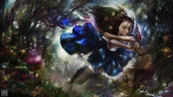  1girl alice:_madness_returns alice_(alice_in_wonderland) alice_in_wonderland alice_liddell_(american_mcgee&#039;s_alice) american_mcgee&#039;s_alice american_mcgee's_alice black_hair blood dress face gradient_background green_eyes knife lips long_hair omri_koresh realistic smile solo weapon  rating:Sensitive score:5 user:jayage5ds