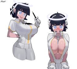  1girl angel areola_slip azazel_(helltaker) balancing between_breasts black_hair blue_eyes blush breasts cropped_legs firstw1 gloves hair_ribbon halo helltaker huge_breasts left-handed looking_at_viewer mouth_hold multiple_views no_bra notebook object_on_breast open_mouth pants pen ribbon shirt short_hair short_sleeves simple_background smile tawawa_challenge white_background white_gloves white_pants white_shirt  rating:Questionable score:150 user:danbooru
