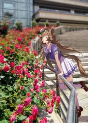  1girl against_railing ahoge animal_ears bow bowtie brown_footwear brown_hair closed_eyes closed_mouth day flower hat horse_ears horse_girl horse_tail long_hair mini_hat mini_top_hat misu_kasumi mr._c.b._(umamusume) outdoors photo_background purple_shirt railing sailor_collar school_uniform shadow shirt shoes short_sleeves skirt smelling smile solo tail thighhighs top_hat tracen_school_uniform umamusume white_skirt white_thighhighs 