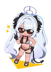 1girl absurdres bare_arms bare_legs bare_shoulders bikini black_bikini black_choker black_tail blush breasts choker dark-skinned_female dark_skin demon_tail full_body gloves grey_hair hair_between_eyes hair_over_one_eye halo highres iori_(blue_archive) iori_(swimsuit)_(blue_archive) jorang_(jorang08) long_hair looking_at_viewer navel official_alternate_costume pointy_ears purple_halo red_eyes sandals simple_background small_breasts smile solo sunglasses swimsuit tail twintails v white_background 