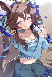  1girl absurdres animal_ears black_skirt blue_shirt blush breasts brown_hair cleavage collarbone drink drinking_straw fingernails frilled_skirt frills hat highres holding holding_drink horse_ears horse_girl jewelry large_breasts long_hair long_sleeves looking_at_viewer multicolored_hair necklace open_mouth purple_eyes shirt skirt sleeves_past_wrists smile solo streaked_hair twintails umamusume usukawa_(uskw_sr) vivlos_(umamusume) white_hair white_headwear 
