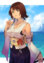  1girl bare_shoulders beads black_bra blue_eyes blue_sky bra breasts brown_hair cleavage cloud cloudy_sky detached_sleeves final_fantasy final_fantasy_x green_eyes hair_ornament heterochromia holding holding_staff hungry_clicker japanese_clothes jewelry large_breasts necklace ocean short_hair sky square_enix staff underwear yuna_(ff10)  rating:Sensitive score:14 user:danbooru