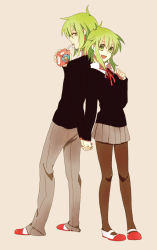  701p back-to-back gender_request genderswap green_eyes green_hair gumi gumiya holding_hands juice_box open_mouth school_uniform short_hair siblings skirt smile vocaloid  rating:Sensitive score:6 user:naoi