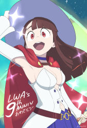 1girl absurdres armpits breasts brown_eyes brown_hair cleavage cosplay diooksan hat highres kagari_atsuko large_breasts little_witch_academia long_hair navel oksandio open_mouth shiny_chariot shiny_chariot_(cosplay) smile rating:Sensitive score:24 user:MrKapral