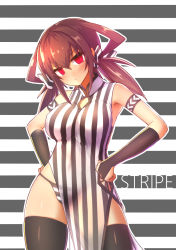 armpits black_gloves black_thighhighs breasts brown_hair cleavage_cutout closed_mouth clothing_cutout dress elbow_gloves fingerless_gloves frown gloves hands_on_own_hips highres konohana_saku large_breasts original panties red_eyes see-through side-tie_panties striped_background striped_clothes striped_dress striped_panties thighhighs twintails underwear