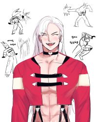  1boy alternate_hairstyle collar earrings exposed_chest highres jacket jewelry long_hair nanakase_yashiro red_jacket simple_background sketch smile solo the_king_of_fighters the_king_of_fighters_&#039;97  rating:Questionable score:0 user:apeescaper898