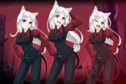  3girls :&lt; :d ;d animal_ear_fluff animal_ears arm_up belt_buckle black_gloves black_neckwear black_pants black_vest breasts buckle buttons cave cerberus_(helltaker) collared_shirt commentary_request contrapposto demon_girl demon_tail dog_ears expressionless fang feet_out_of_frame gloves hand_in_own_hair hand_on_own_hip hands_on_own_hips helltaker highres juliet_sleeves long_hair long_sleeves looking_at_viewer medium_breasts multiple_girls necktie one_eye_closed open_mouth pants parted_bangs pillar puffy_sleeves red_eyes red_shirt shirt silver_hair smile standing tail triplets uiu very_long_hair vest 