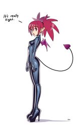 1girl :o alternate_costume arched_back arms_at_sides artist_name bad_id bad_tumblr_id bat_wings black_bodysuit bodysuit boots breasts commentary demon_girl demon_tail demon_wings disgaea earrings english_text etna_(disgaea) from_side full_body hair_tie heart high_heel_boots high_heels highres jewelry latex latex_bodysuit latex_suit legs_together long_hair looking_to_the_side open_mouth optionaltypo perky_breasts pink_eyes pink_hair pointy_ears shiny_clothes simple_background skin_tight skull_earrings small_breasts solo standing tail tareme twintails white_background wings rating:Sensitive score:198 user:danbooru