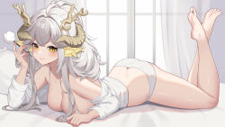  1girl absurdres ahoge ass bare_legs bare_shoulders barefoot breasts butt_crack character_request commentary_request copyright_request crop_top feet feet_up hand_up highres holding horns large_breasts lying off_shoulder on_stomach ruochi_lk solo thighs virtual_youtuber white_hair yellow_eyes 